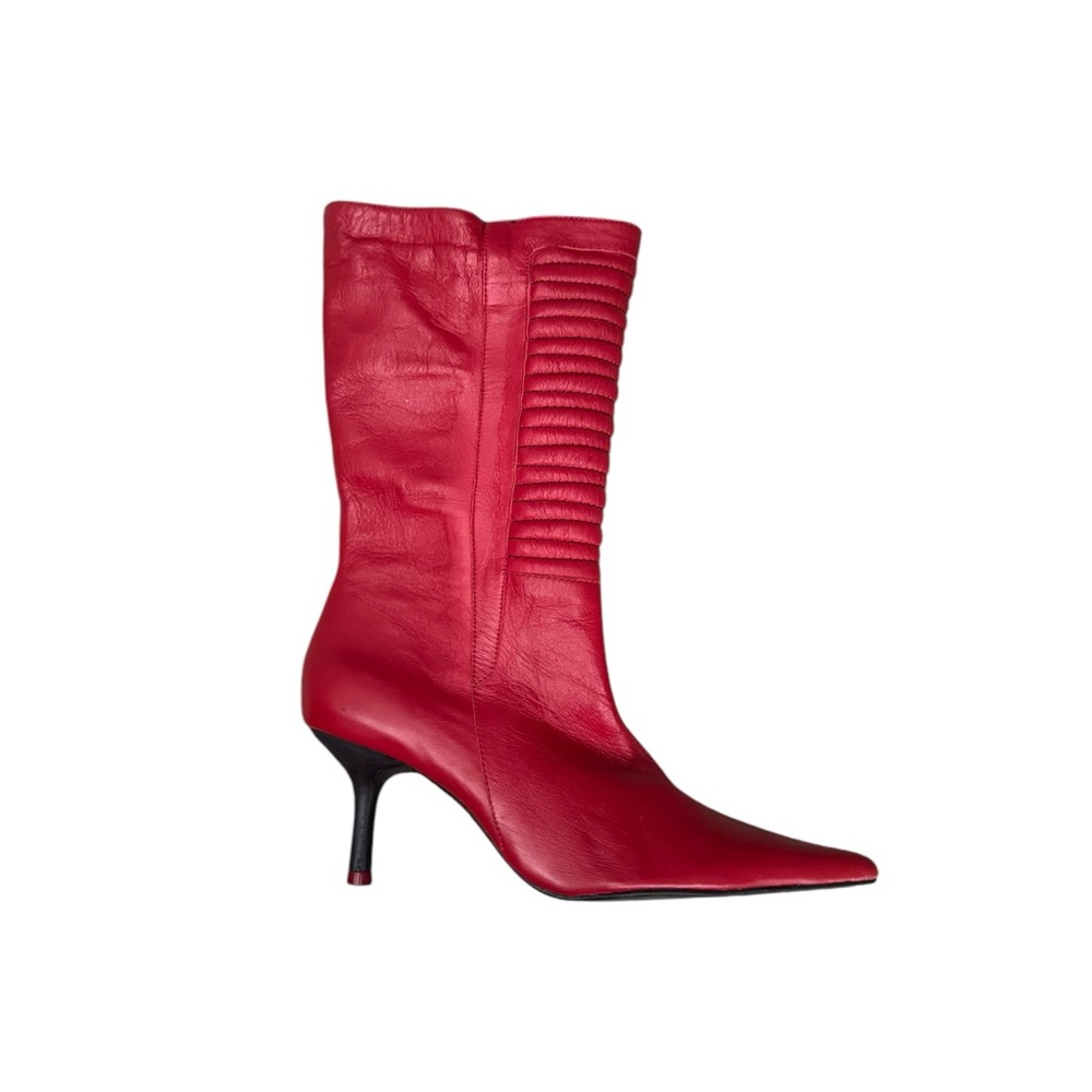 Red Leather Mid-Calf Boots with Quilted Detail and Kitten Heel